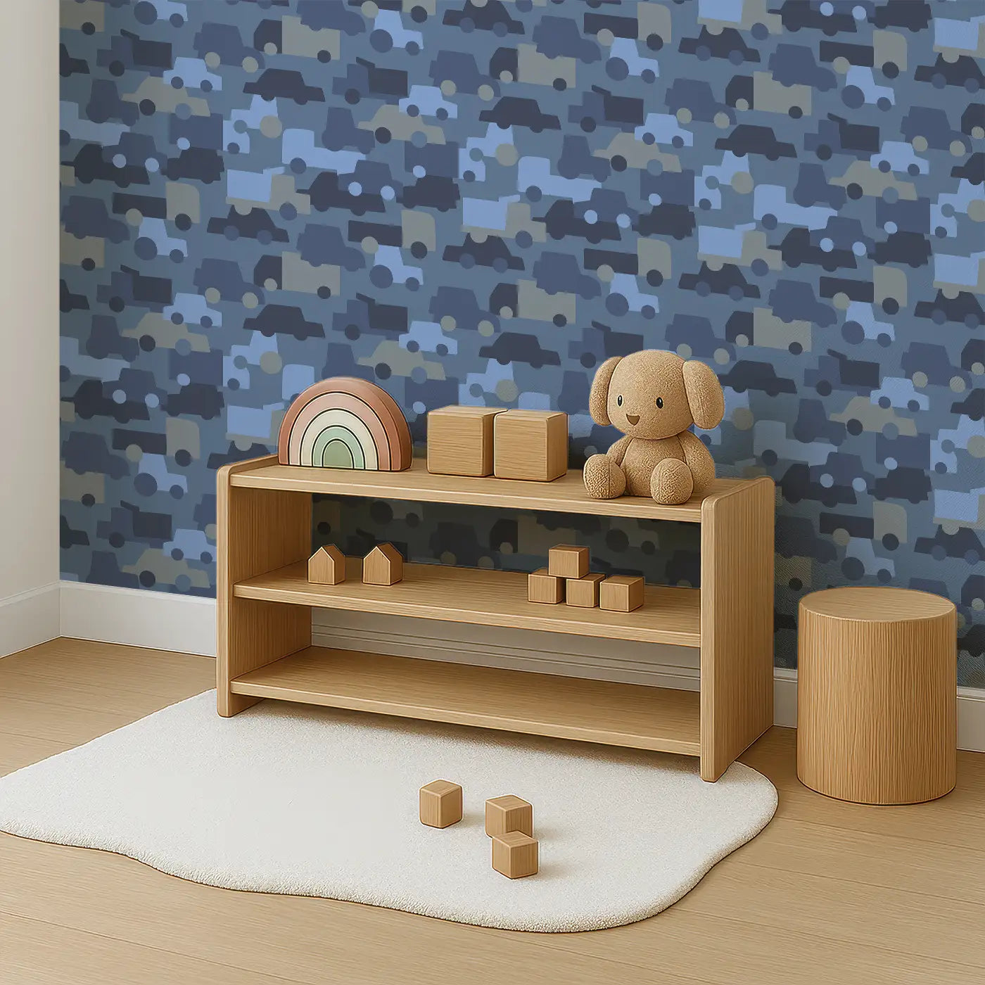 Angled view of Whimsy Tots' Urban Wheels Wallpaper (W0577).A parade of wheels in moody blue brings motion and excitement to every wall.