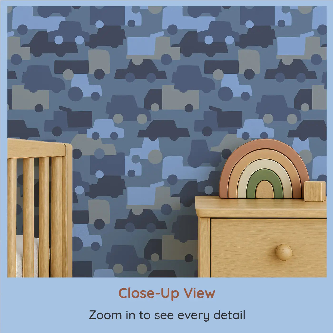 Close-up view of Whimsy Tots' Urban Wheels Wallpaper (W0577).A parade of wheels in moody blue brings motion and excitement to every wall.