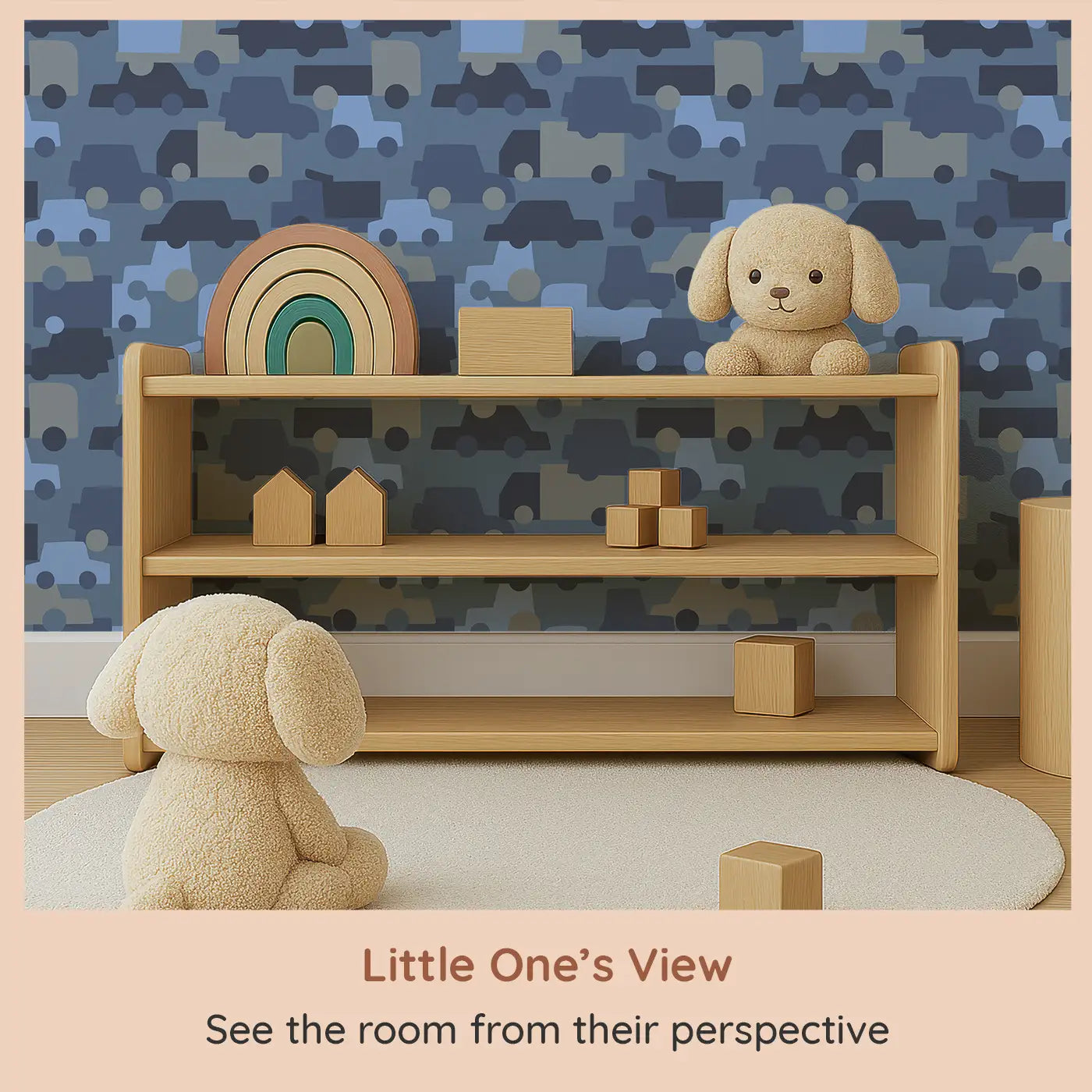 Whimsy Tots Urban Wheels Wallpaper (W0577) from your child's view.A parade of wheels in moody blue brings motion and excitement to every wall.