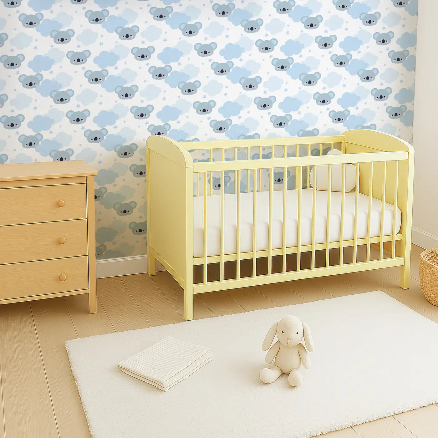 Angled view of Whimsy Tots' Koala Dreamland Wallpaper (W0582).Soft blue koalas drift among fluffy clouds in this sleepy wonderland.