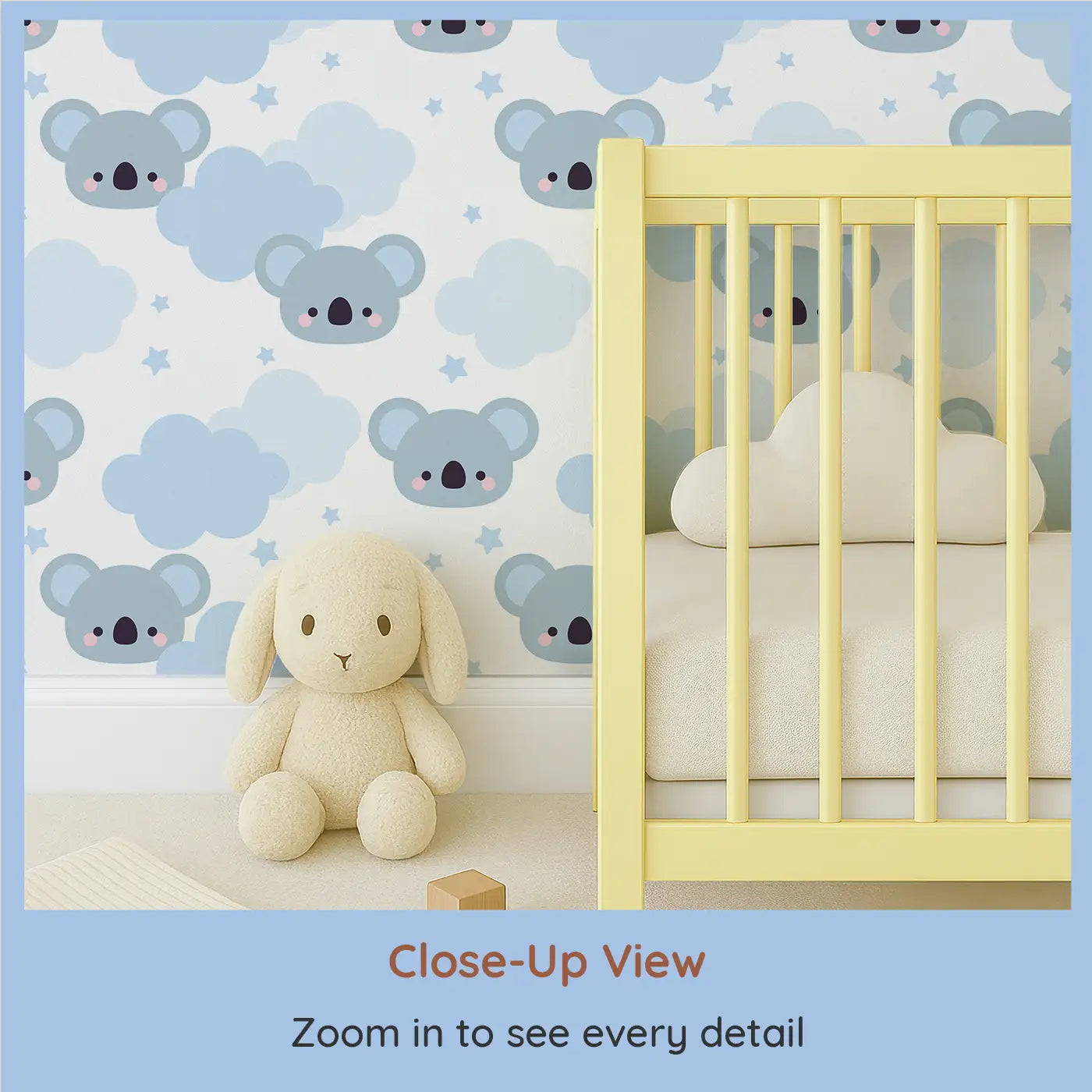 Close-up view of Whimsy Tots' Koala Dreamland Wallpaper (W0582).Soft blue koalas drift among fluffy clouds in this sleepy wonderland.