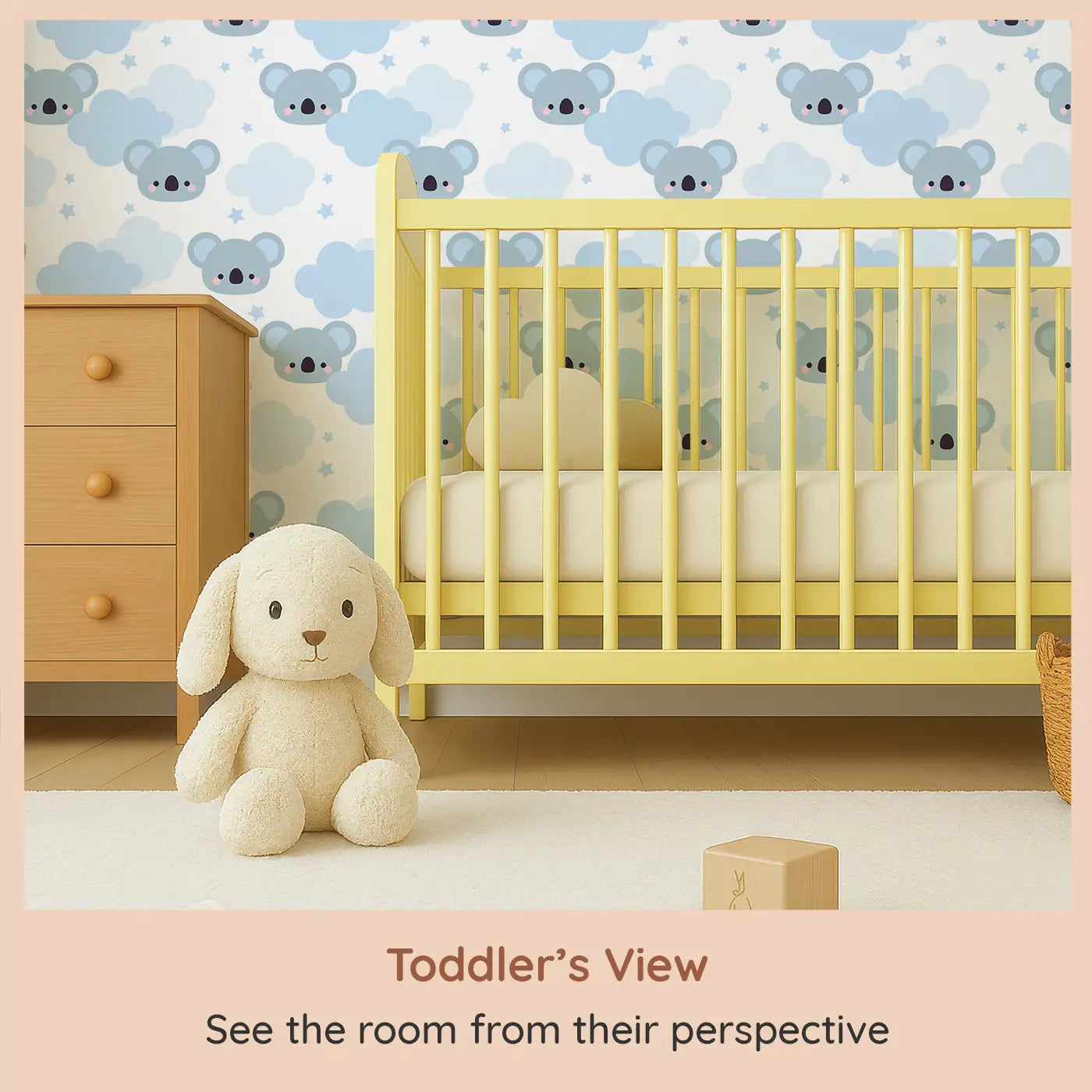 Whimsy Tots Koala Dreamland Wallpaper (W0582) from your child's view.Soft blue koalas drift among fluffy clouds in this sleepy wonderland.