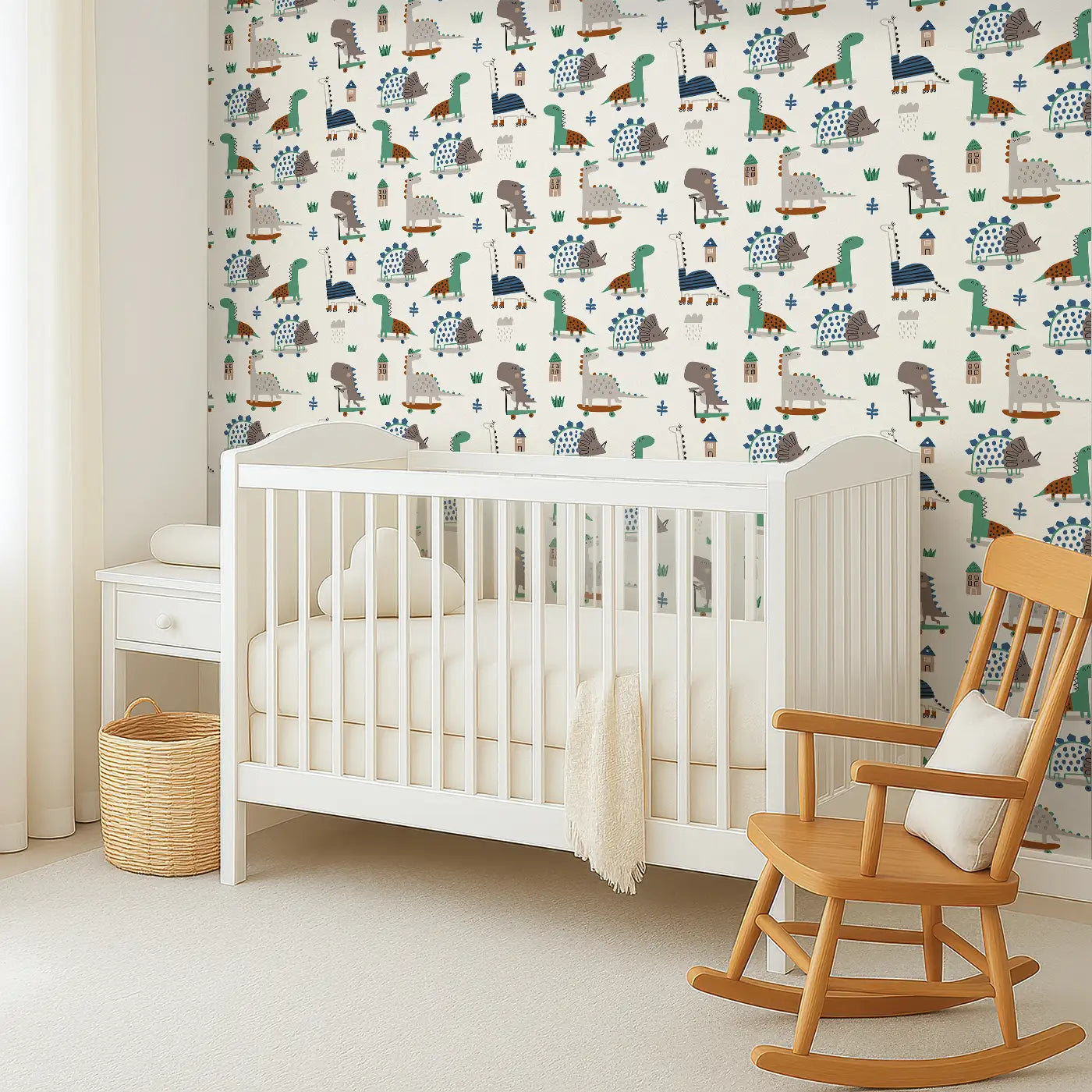 Angled view of Whimsy Tots' Roller Rex Wallpaper (W0596).Skating dinos zoom past trucks, clouds, and cogs in this lively scene.