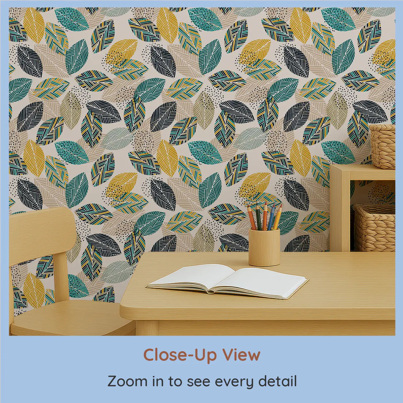 Close-up view of Whimsy Tots' Vibrant Canopy Wallpaper (W0598).Textured leaves and tribal prints weave together a playful forest escape.