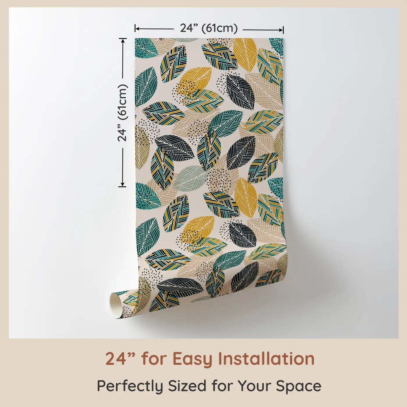 Dimension view of Whimsy Tots Vibrant Canopy Wallpaper (W0598). Printed in 24-inch-wide panel for easy installation. Textured leaves and tribal prints weave together a playful forest escape.