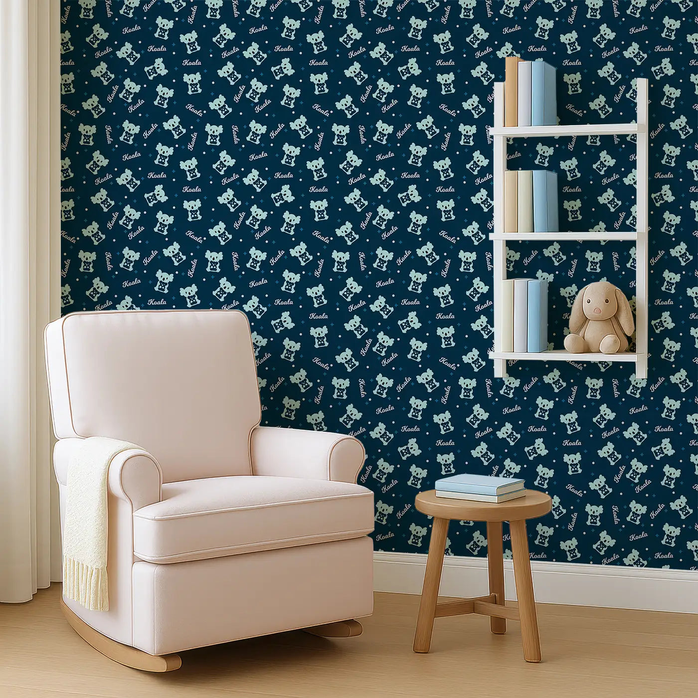 Angled view of Whimsy Tots' Midnight Koala Wallpaper (W0610).Koalas, stars, and nighttime cuddles create a cozy dreamland.