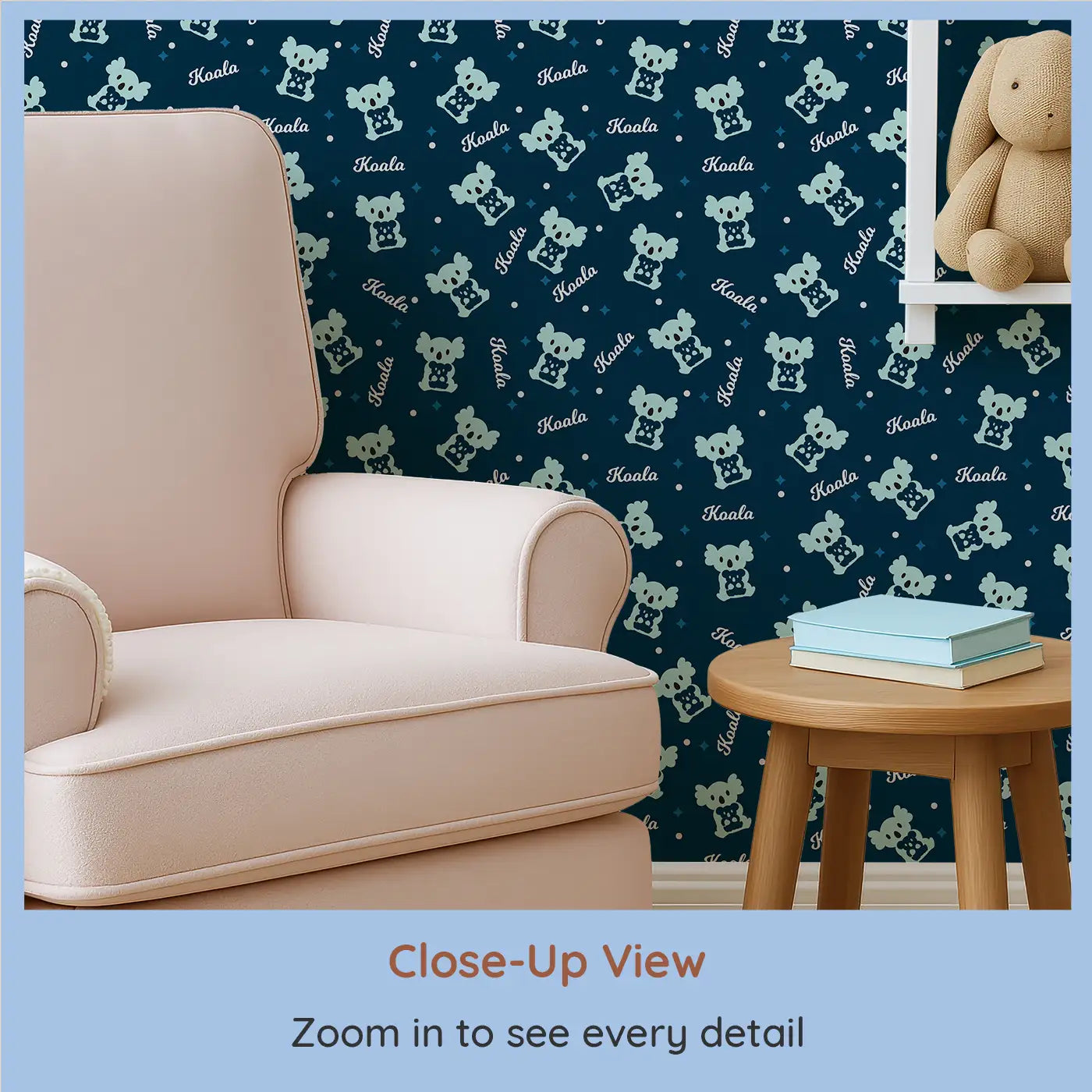 Close-up view of Whimsy Tots' Midnight Koala Wallpaper (W0610).Koalas, stars, and nighttime cuddles create a cozy dreamland.