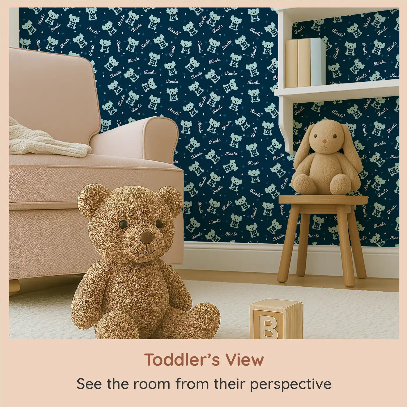 Whimsy Tots Midnight Koala Wallpaper (W0610) from your child's view.Koalas, stars, and nighttime cuddles create a cozy dreamland.