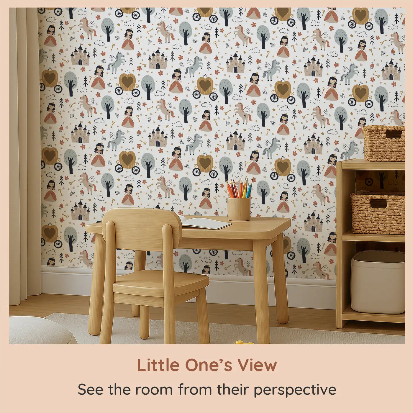 Whimsy Tots Enchanted Princess Wallpaper (W0612) from your child's view.Castles, carriages, and ponies await their royal imagination.