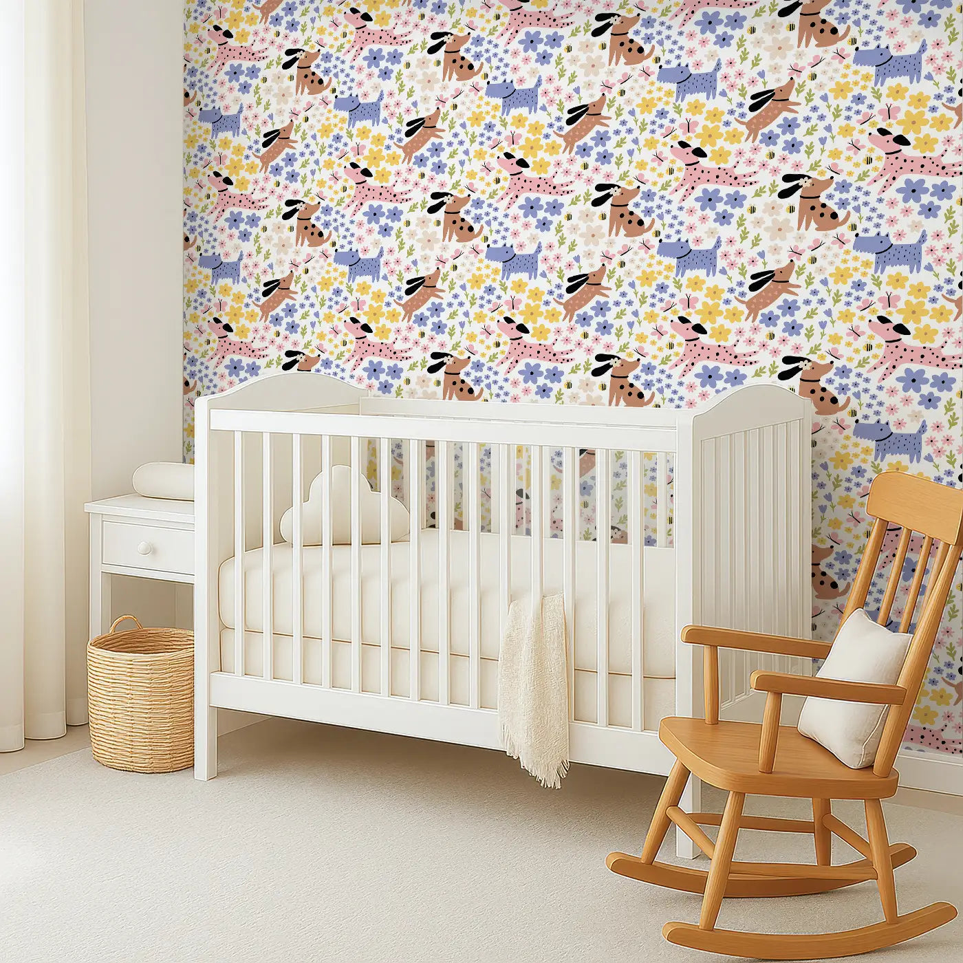 Angled view of Whimsy Tots' Floral Pups Wallpaper (W0617).Joyful pups leap through fields of cheerful pastel blossoms.