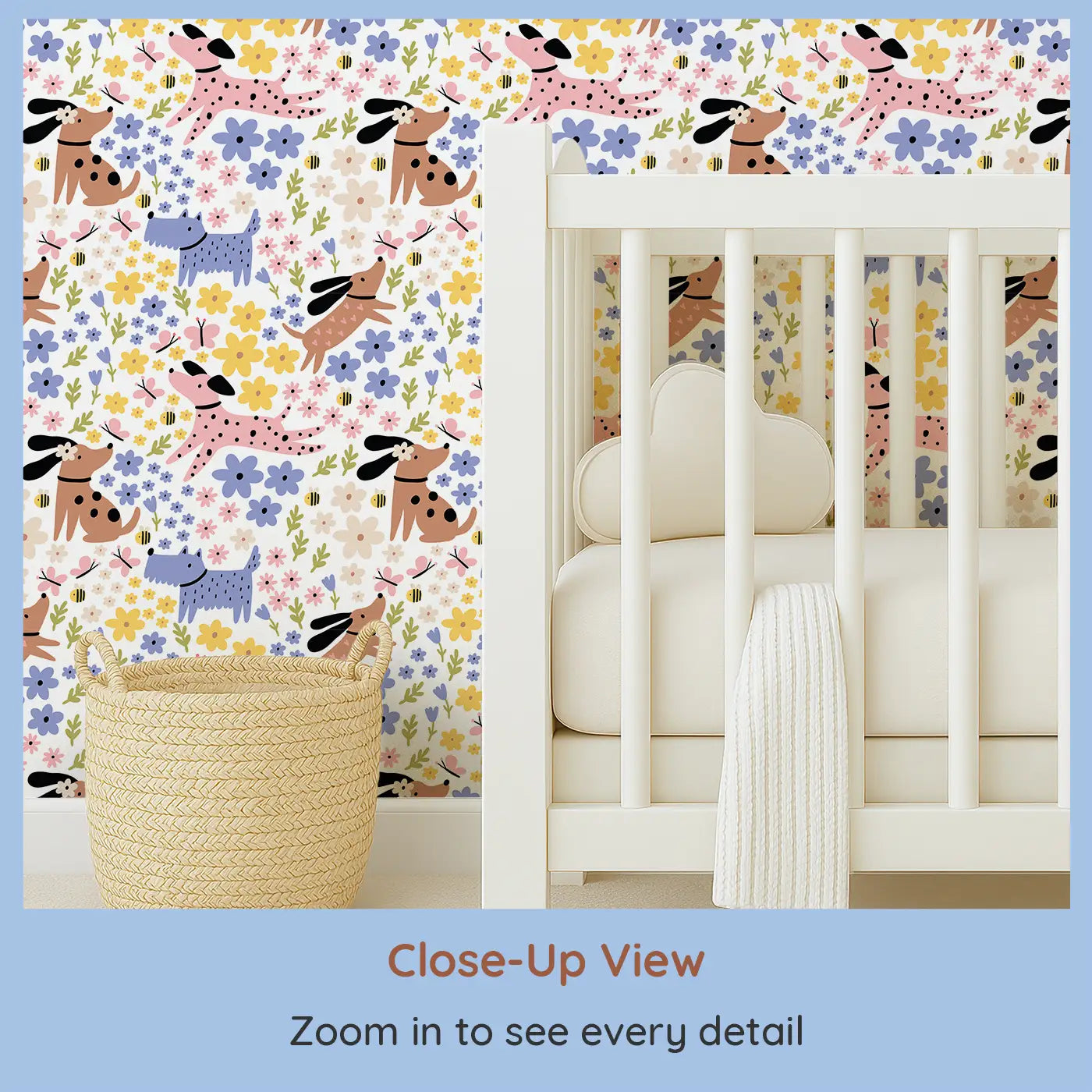 Close-up view of Whimsy Tots' Floral Pups Wallpaper (W0617).Joyful pups leap through fields of cheerful pastel blossoms.