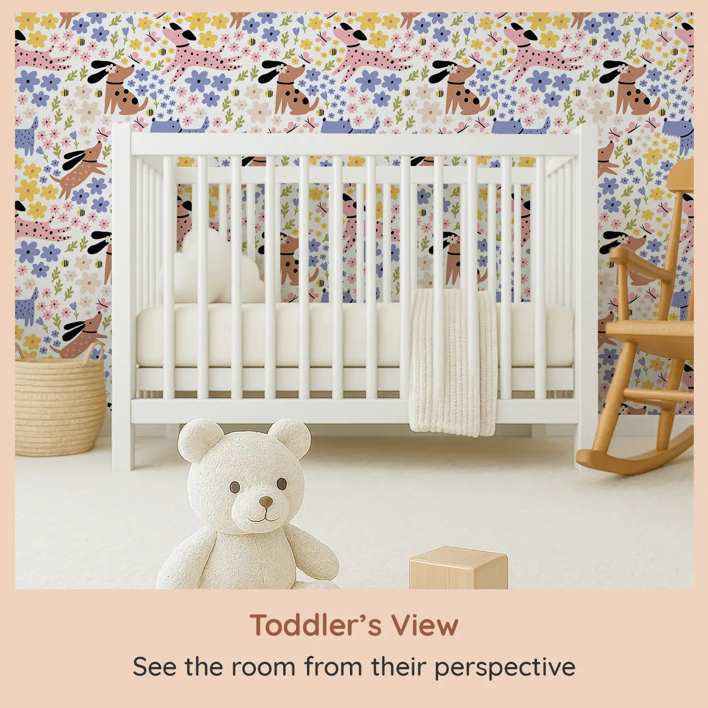 Whimsy Tots Floral Pups Wallpaper (W0617) from your child's view.Joyful pups leap through fields of cheerful pastel blossoms.