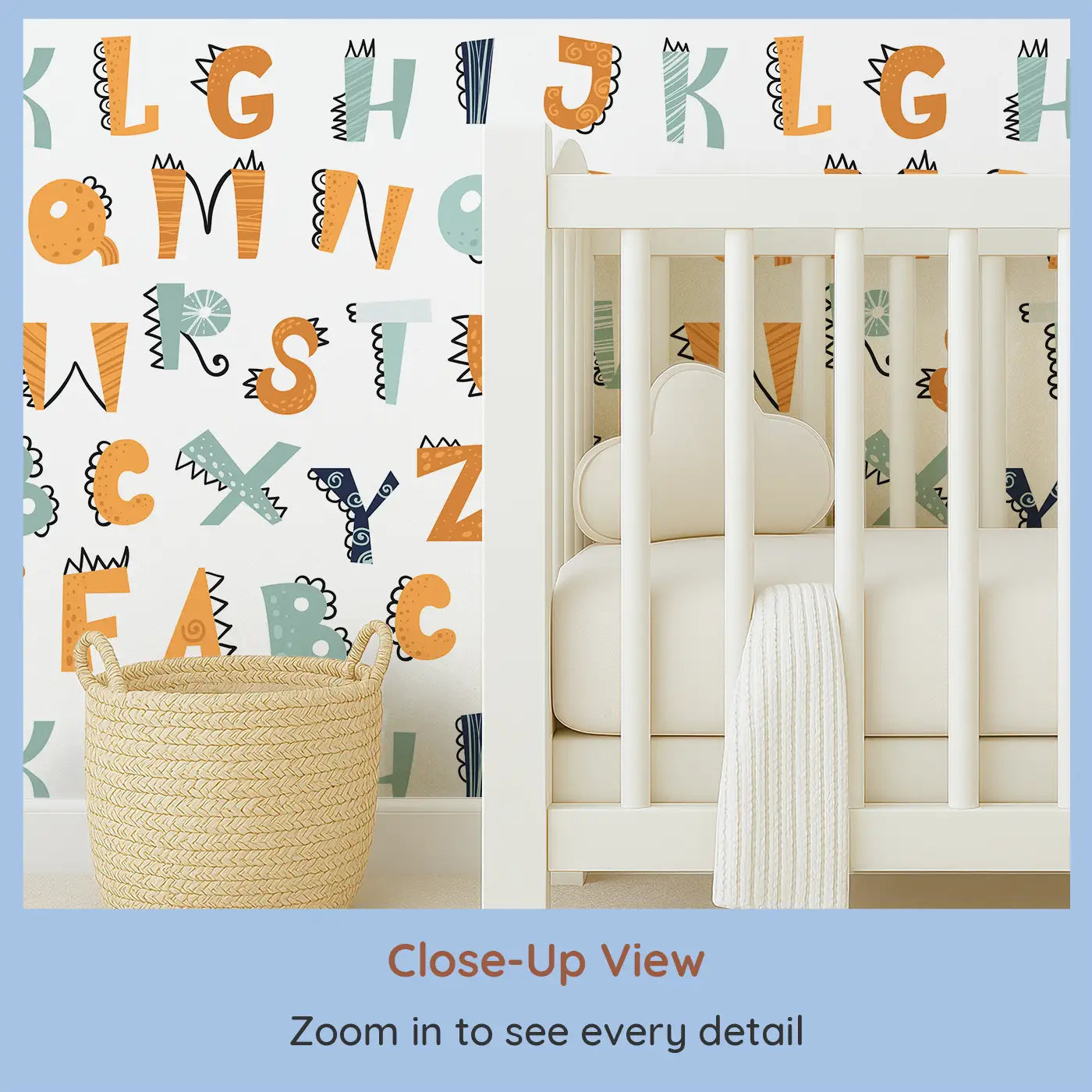 Close-up view of Whimsy Tots' Dino Alphabet Adventure 2 Wallpaper (W0623).Combine playful dinosaurs and the ABCs for a fun, educational mural!