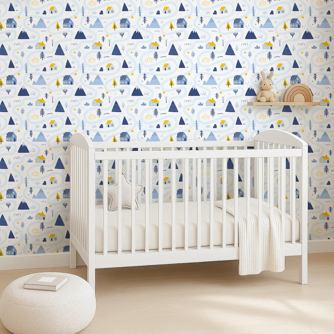 Angled view of Whimsy Tots' Cozy Cabin Wallpaper (W0636).Tiny cabins and winding paths create a quiet world of wonder.
