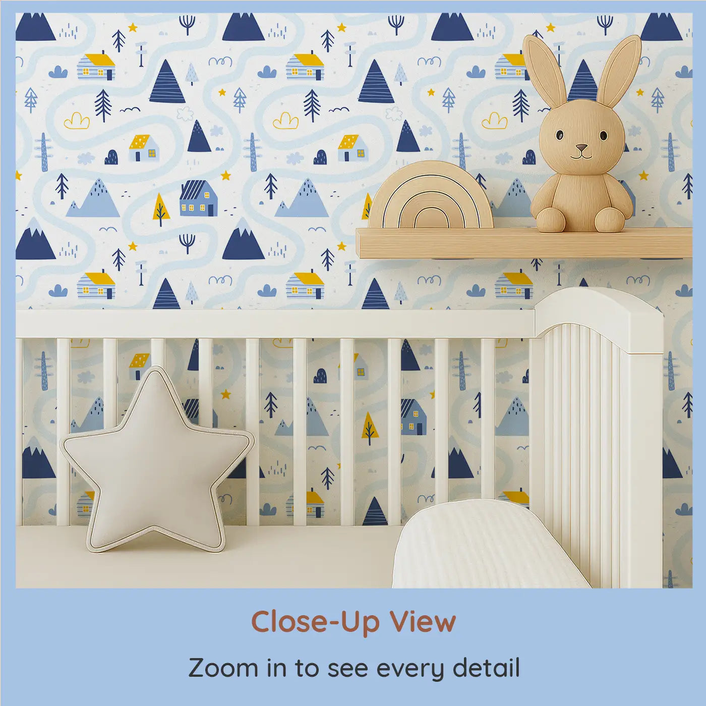 Close-up view of Whimsy Tots' Cozy Cabin Wallpaper (W0636).Tiny cabins and winding paths create a quiet world of wonder.