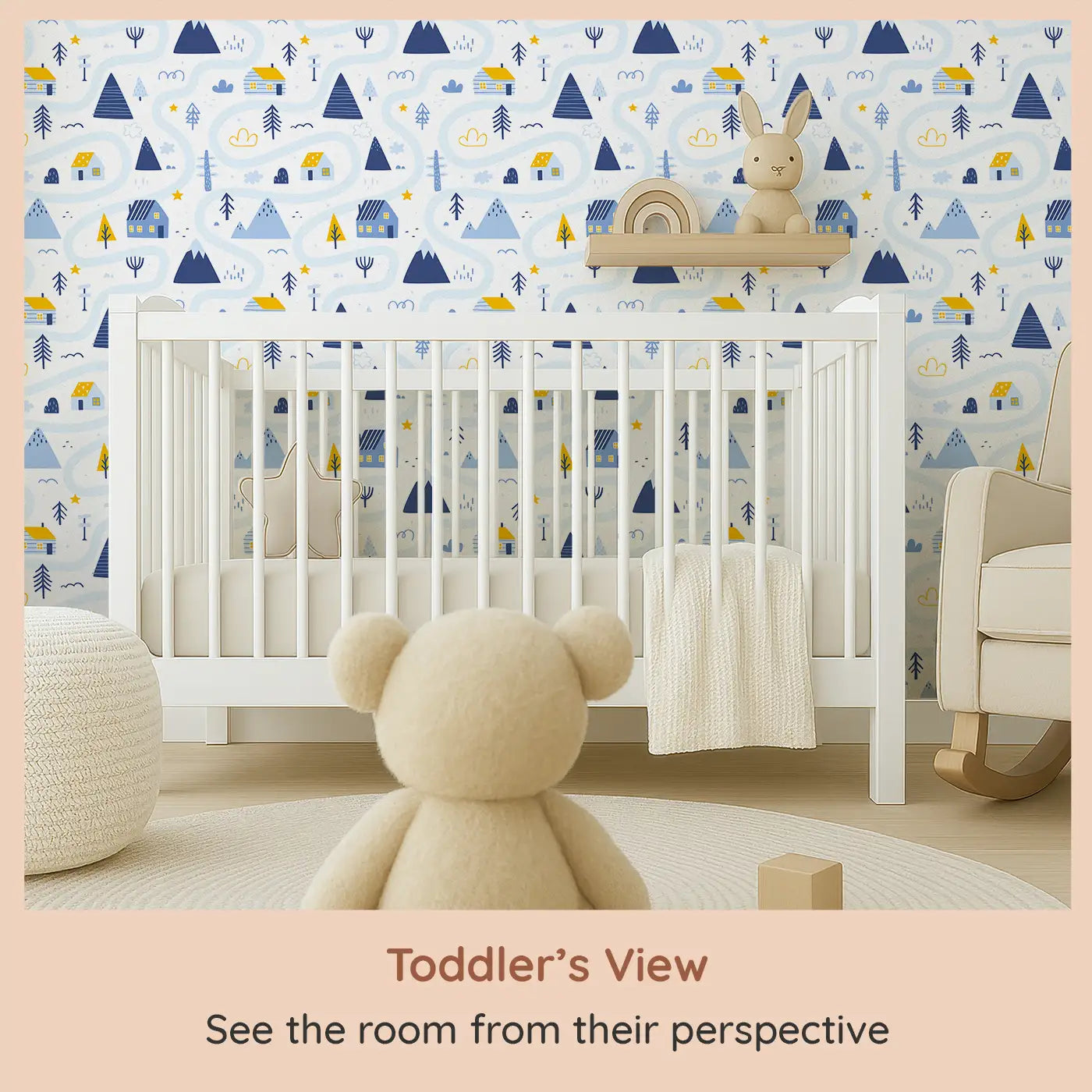 Whimsy Tots Cozy Cabin Wallpaper (W0636) from your child's view.Tiny cabins and winding paths create a quiet world of wonder.