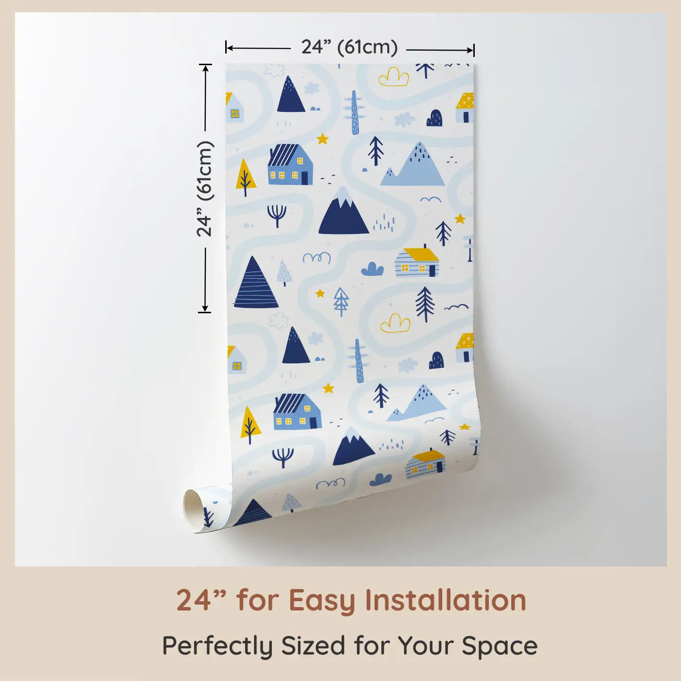Dimension view of Whimsy Tots Cozy Cabin Wallpaper (W0636). Printed in 24-inch-wide panel for easy installation. Tiny cabins and winding paths create a quiet world of wonder.