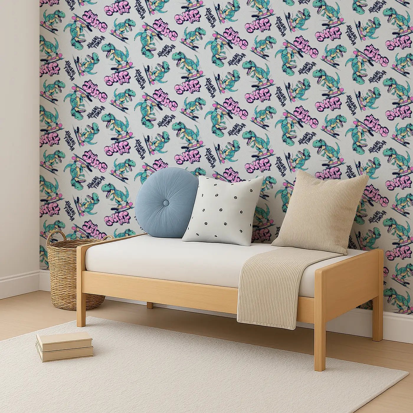 Angled view of Whimsy Tots' Skater Dino Wallpaper (W0637).Rad dinos on skateboards bring boldness and fun to every wall.