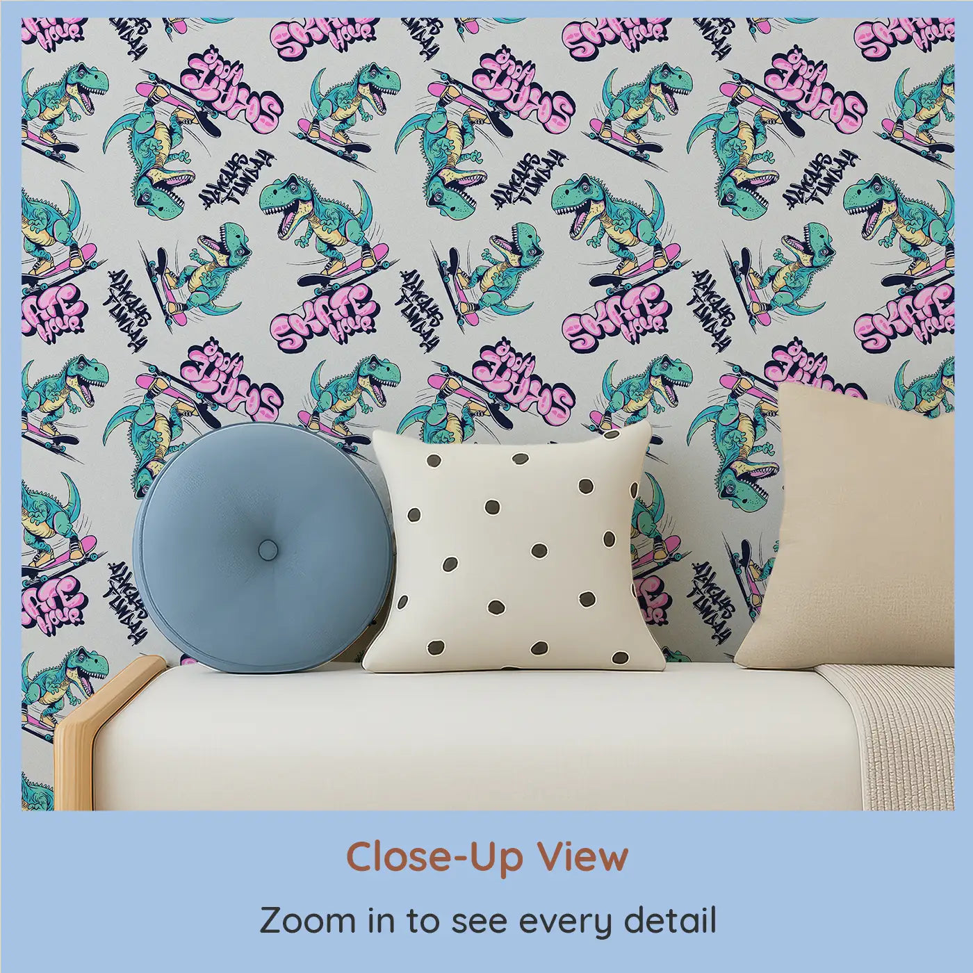 Close-up view of Whimsy Tots' Skater Dino Wallpaper (W0637).Rad dinos on skateboards bring boldness and fun to every wall.