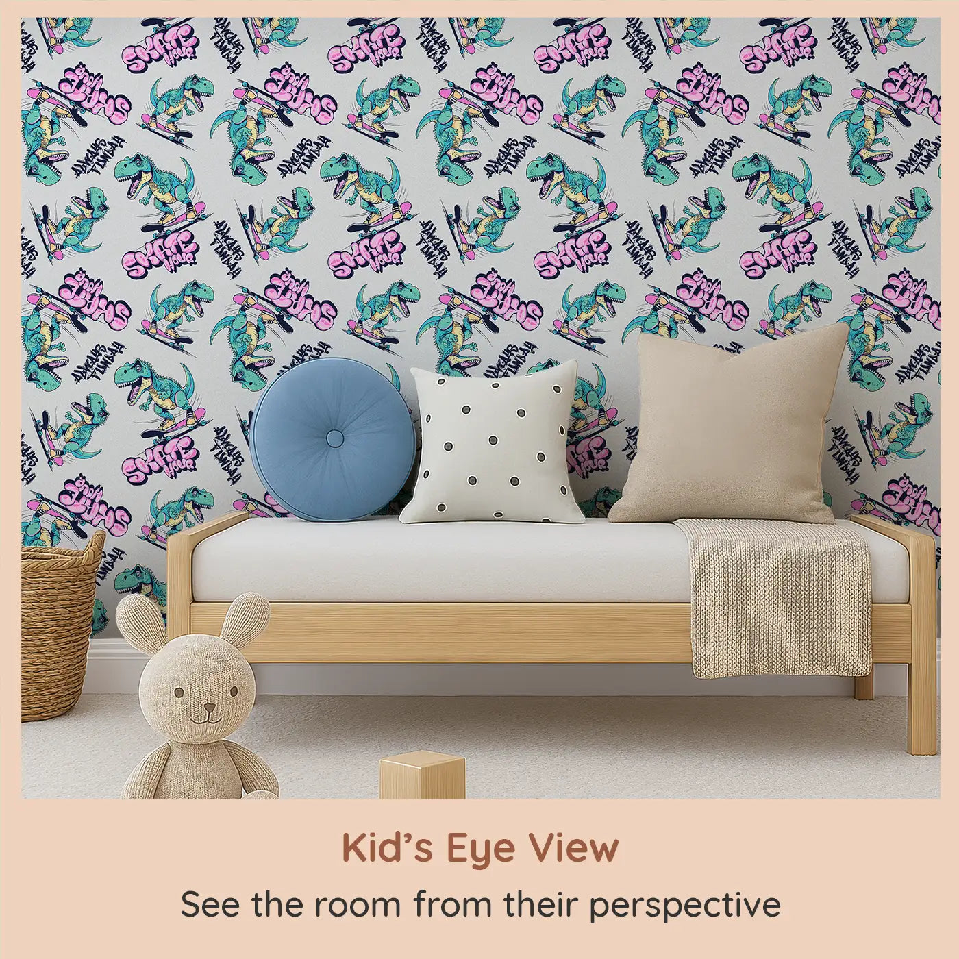 Whimsy Tots Skater Dino Wallpaper (W0637) from your child's view.Rad dinos on skateboards bring boldness and fun to every wall.
