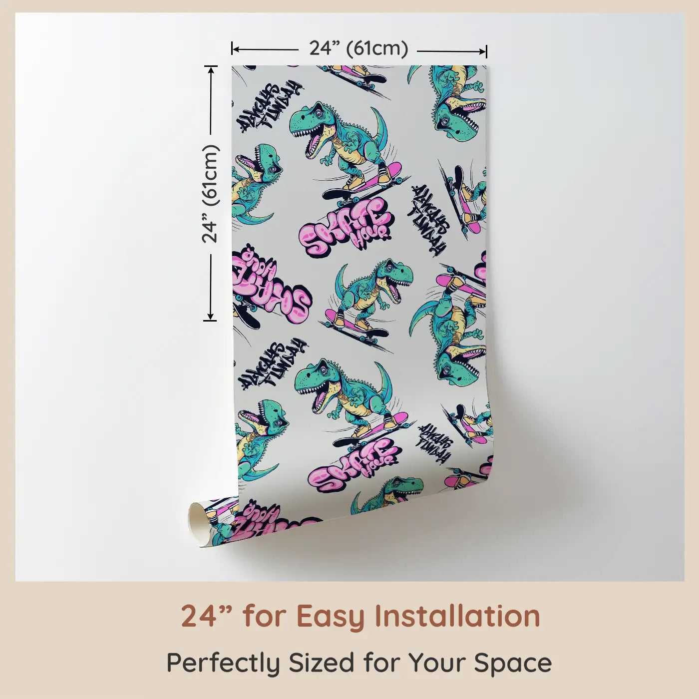 Dimension view of Whimsy Tots Skater Dino Wallpaper (W0637). Printed in 24-inch-wide panel for easy installation. Rad dinos on skateboards bring boldness and fun to every wall.