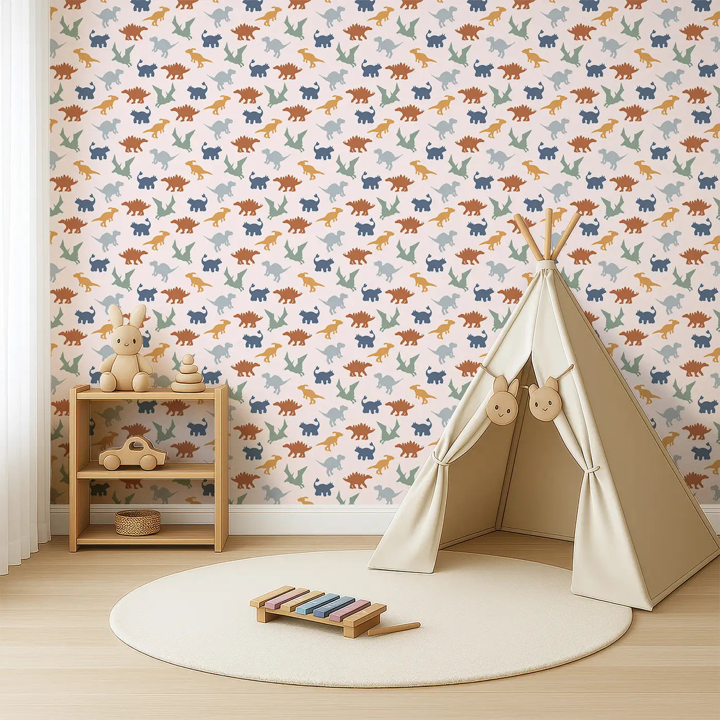 Angled view of Whimsy Tots' Prehistoric Wonders Wallpaper (W0638).Roaming dinosaurs and giant footprints inspire prehistoric adventure.