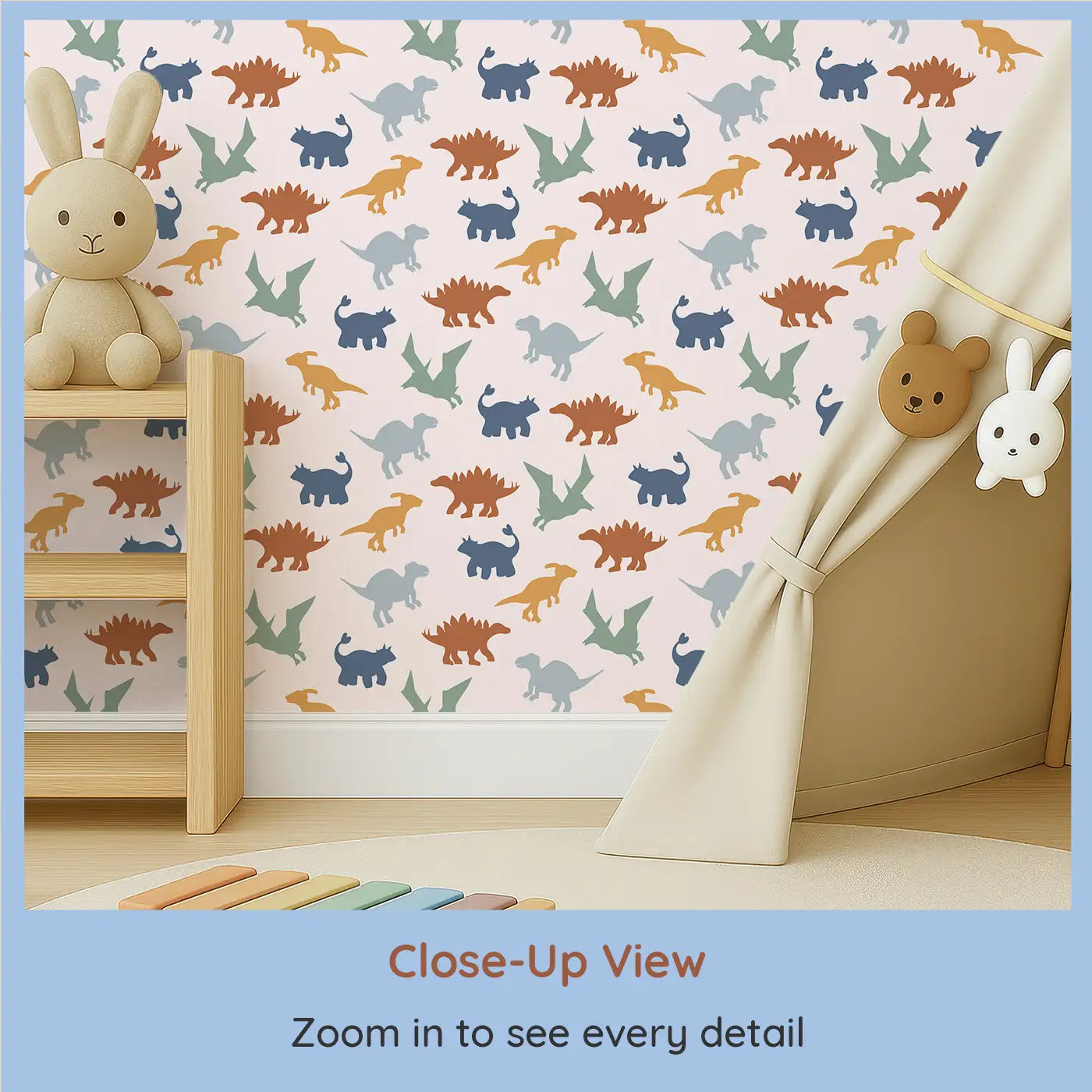 Close-up view of Whimsy Tots' Prehistoric Wonders Wallpaper (W0638).Roaming dinosaurs and giant footprints inspire prehistoric adventure.