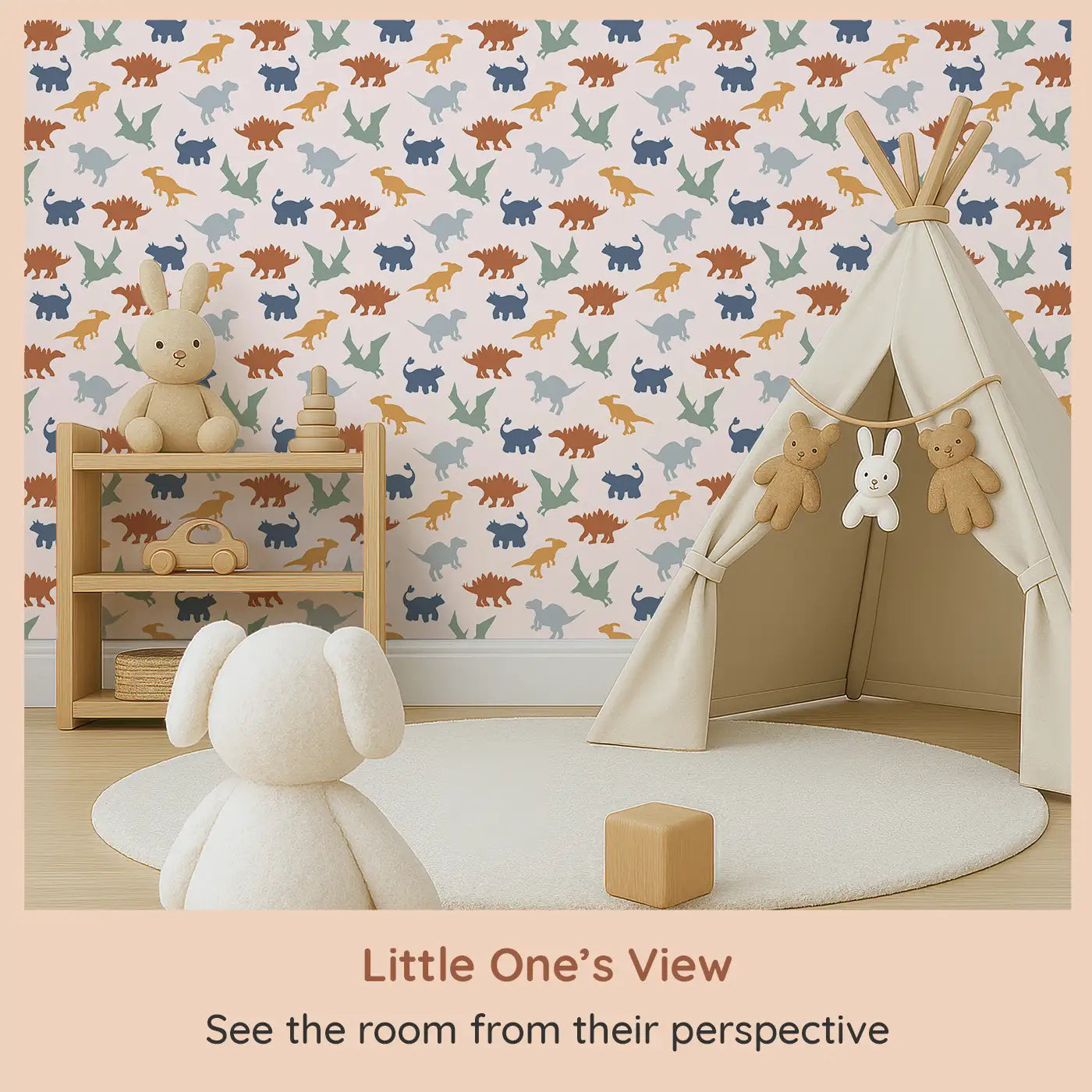 Whimsy Tots Prehistoric Wonders Wallpaper (W0638) from your child's view.Roaming dinosaurs and giant footprints inspire prehistoric adventure.
