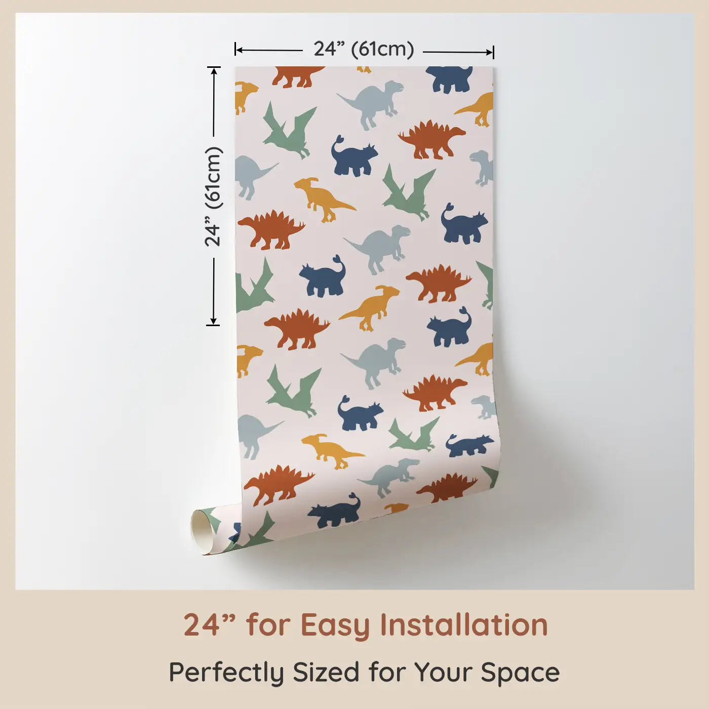 Dimension view of Whimsy Tots Prehistoric Wonders Wallpaper (W0638). Printed in 24-inch-wide panel for easy installation. Roaming dinosaurs and giant footprints inspire prehistoric adventure.
