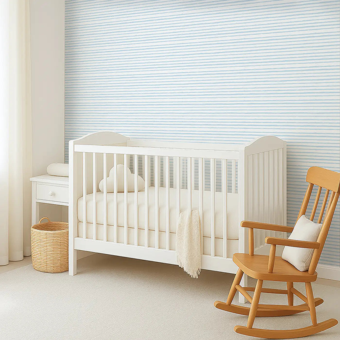 Angled view of Whimsy Tots' Ocean Breeze 2 Wallpaper (W0658).Soft hand-drawn stripes bring gentle ocean waves to their space.
