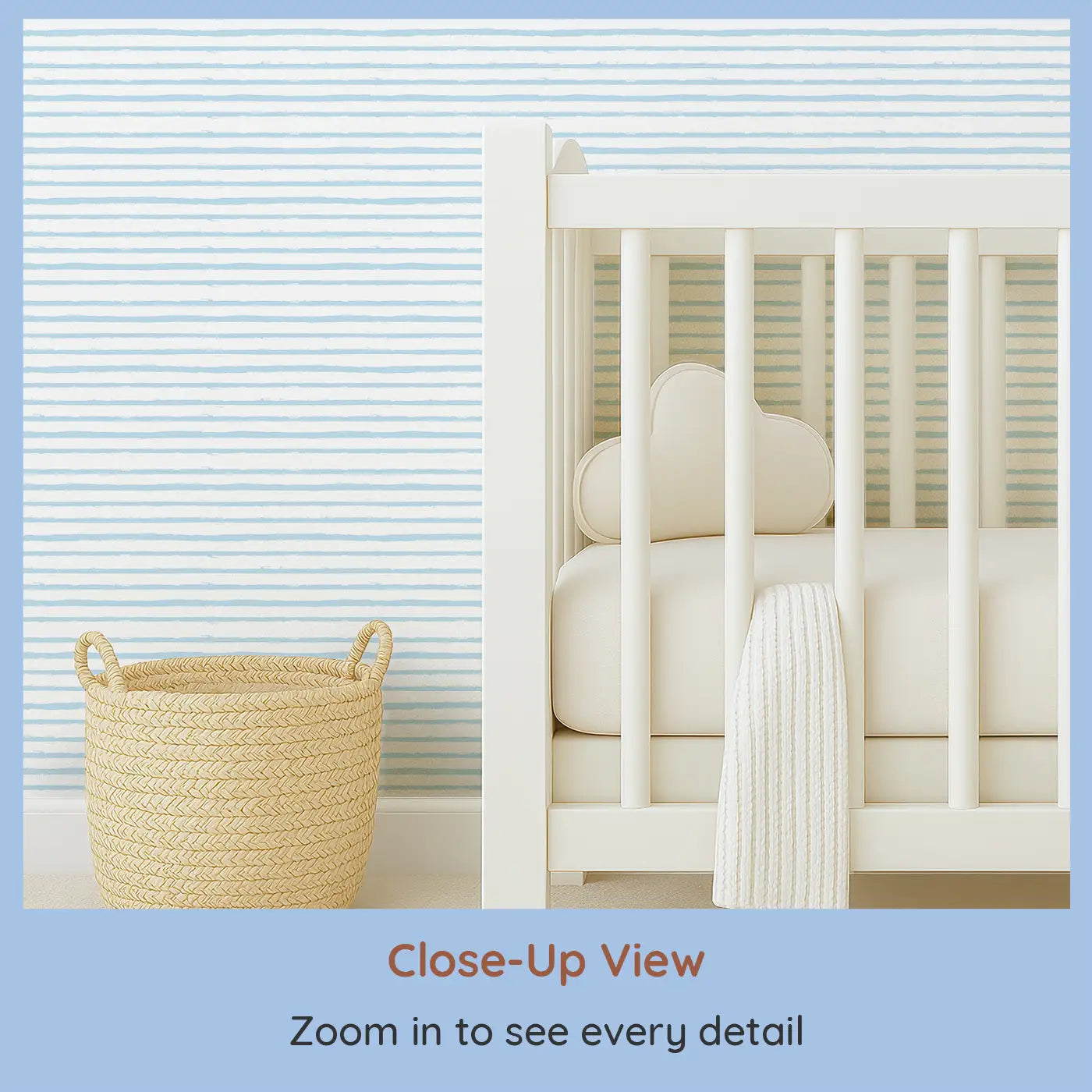 Close-up view of Whimsy Tots' Ocean Breeze 2 Wallpaper (W0658).Soft hand-drawn stripes bring gentle ocean waves to their space.