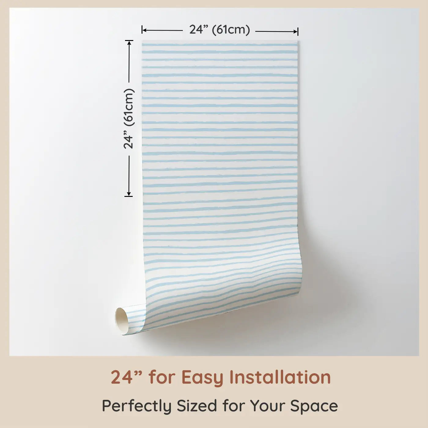 Dimension view of Whimsy Tots Ocean Breeze 2 Wallpaper (W0658). Printed in 24-inch-wide panel for easy installation. Soft hand-drawn stripes bring gentle ocean waves to their space.