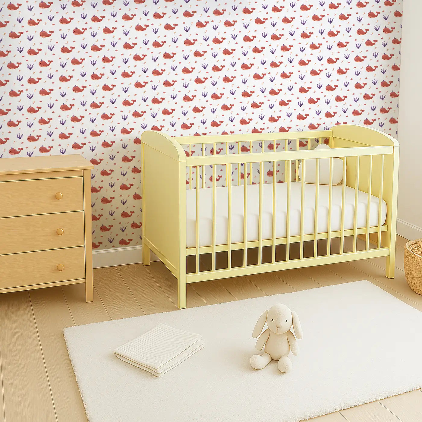 Angled view of Whimsy Tots' Dreamy Narwhale Wallpaper (W0660).Smiling narwhals and sea plants float gently through ocean daydreams.