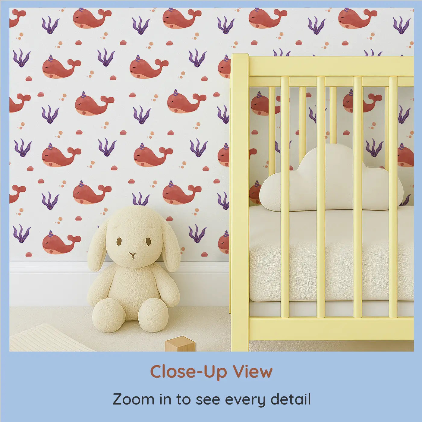 Close-up view of Whimsy Tots' Dreamy Narwhale Wallpaper (W0660).Smiling narwhals and sea plants float gently through ocean daydreams.