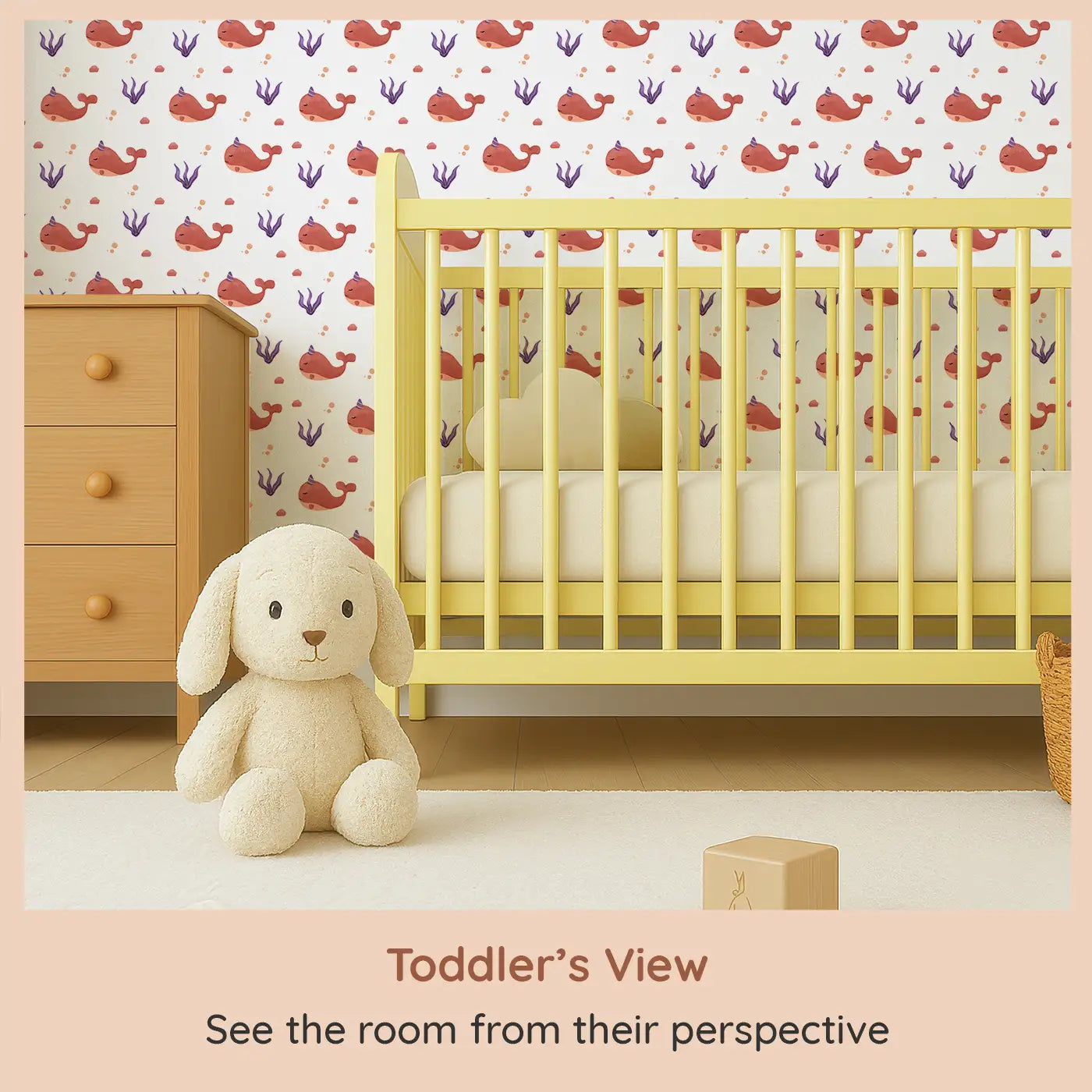 Whimsy Tots Dreamy Narwhale Wallpaper (W0660) from your child's view.Smiling narwhals and sea plants float gently through ocean daydreams.