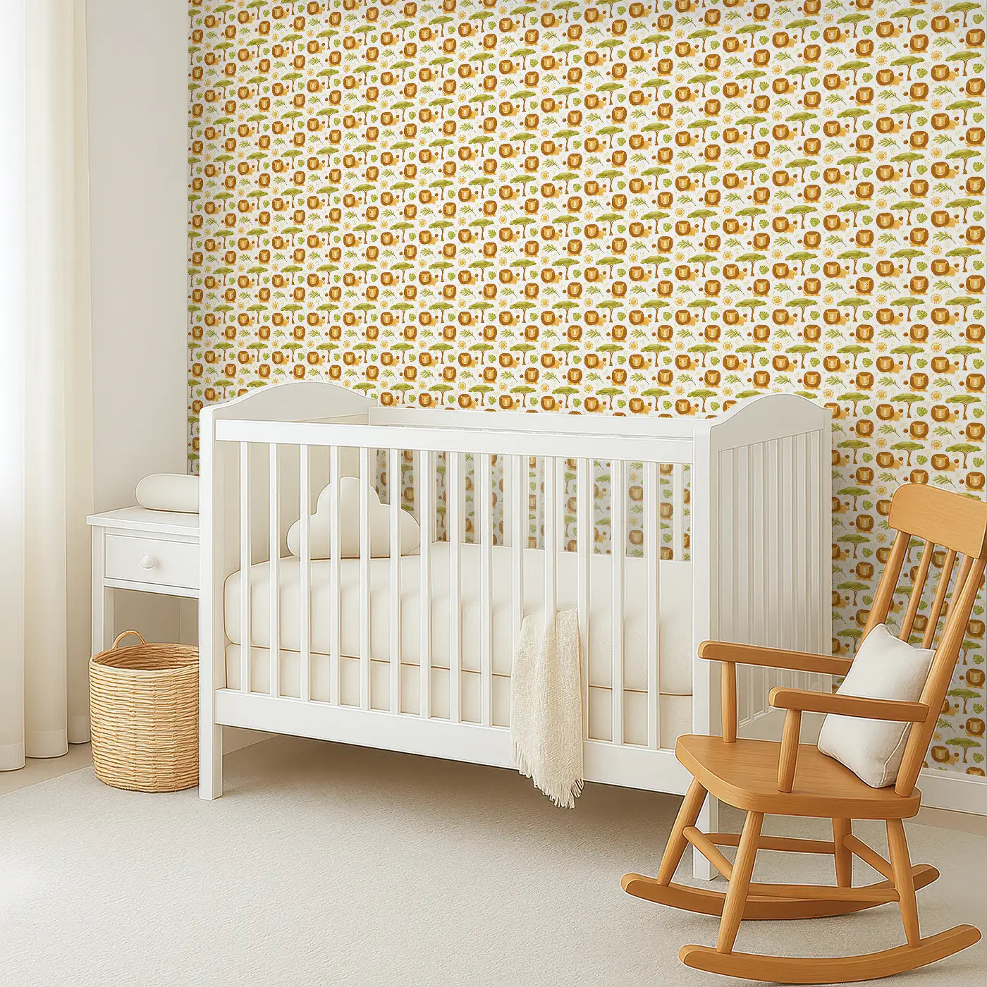 Angled view of Whimsy Tots' Safari Lion Haven Wallpaper (W0673).Roaring with cuteness, these lions bring warm safari dreams to life.