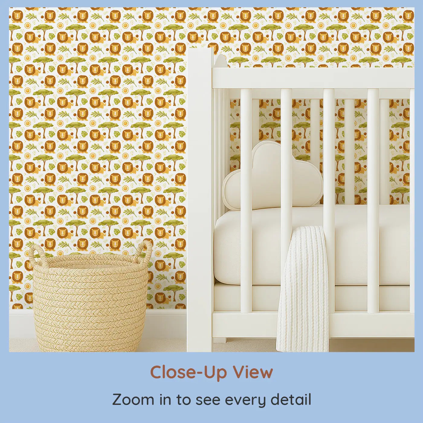 Close-up view of Whimsy Tots' Safari Lion Haven Wallpaper (W0673).Roaring with cuteness, these lions bring warm safari dreams to life.