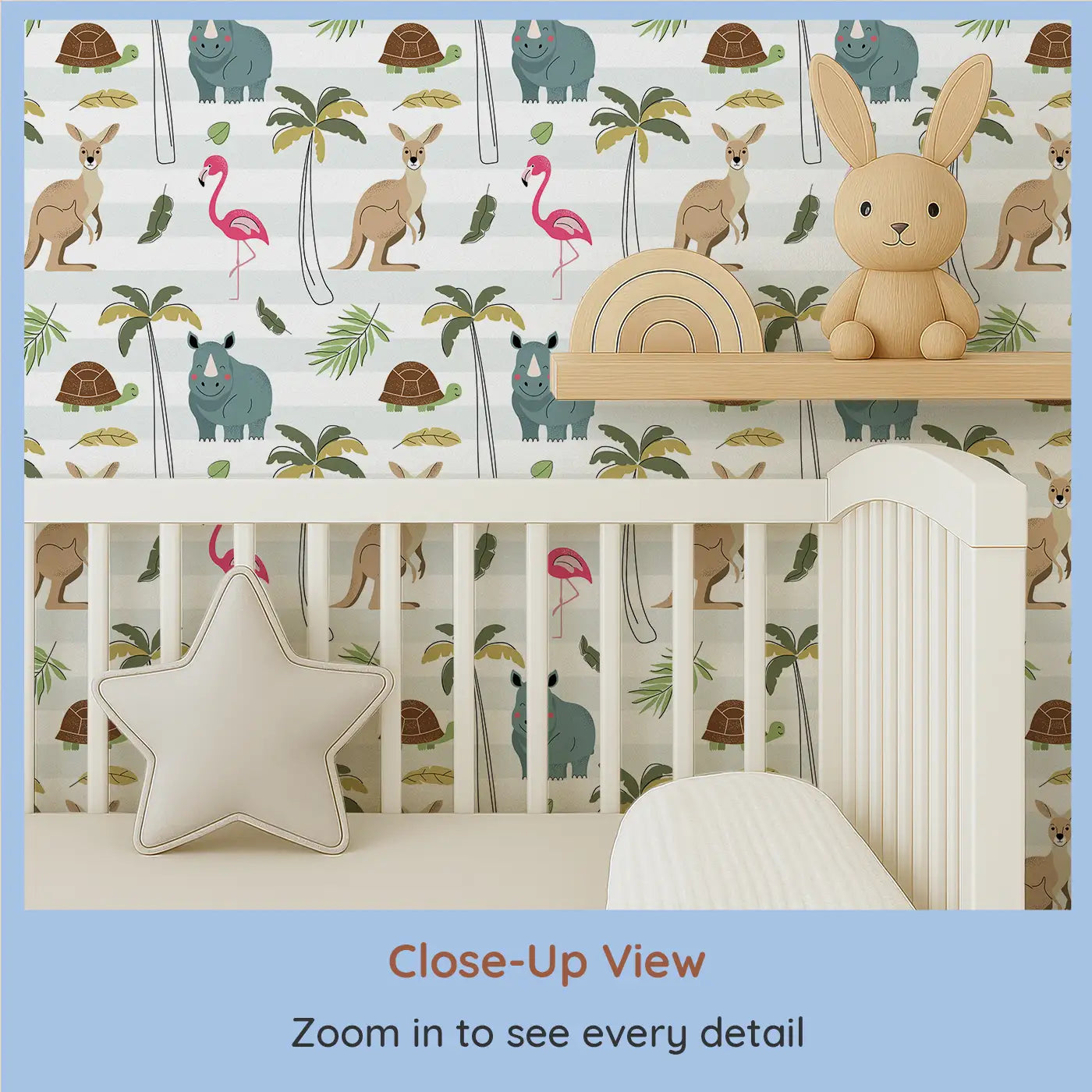 Close-up view of Whimsy Tots' Wild Wonders Safari Wallpaper (W0681).Flamingos, rhinos, and kangaroos gather for a friendly jungle jamboree.