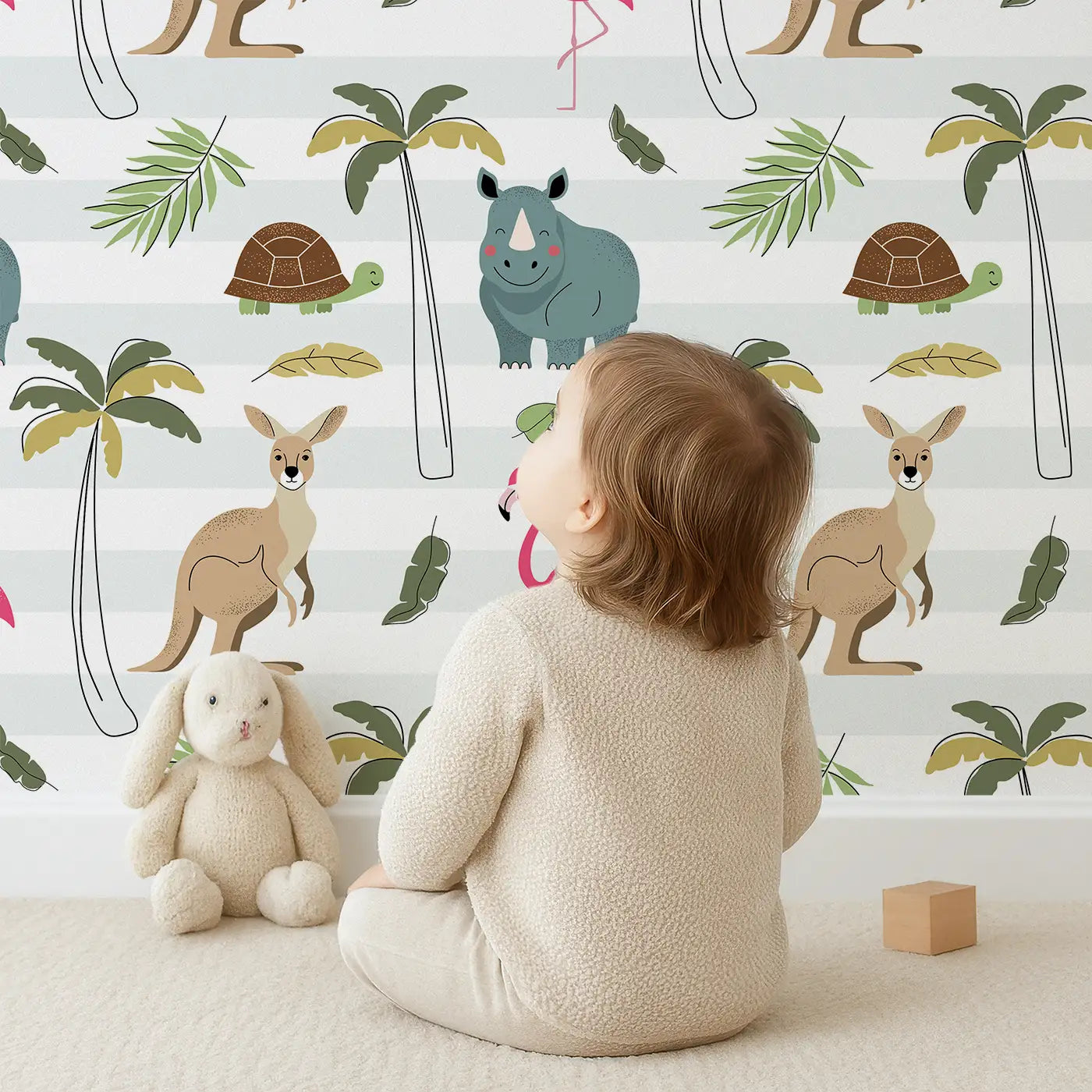Whimsy Tots Wild Wonders Safari Wallpaper (W0681) from your child's view.Flamingos, rhinos, and kangaroos gather for a friendly jungle jamboree.