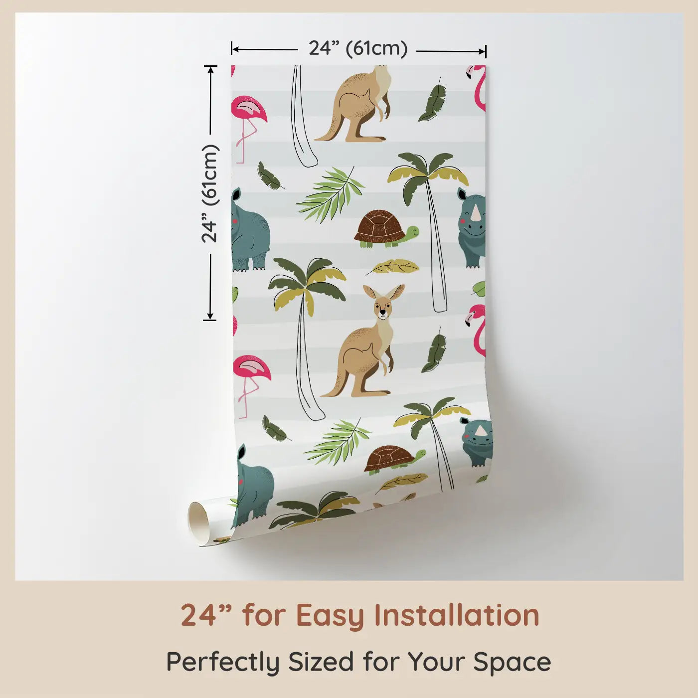 Dimension view of Whimsy Tots Wild Wonders Safari Wallpaper (W0681). Printed in 24-inch-wide panel for easy installation. Flamingos, rhinos, and kangaroos gather for a friendly jungle jamboree.