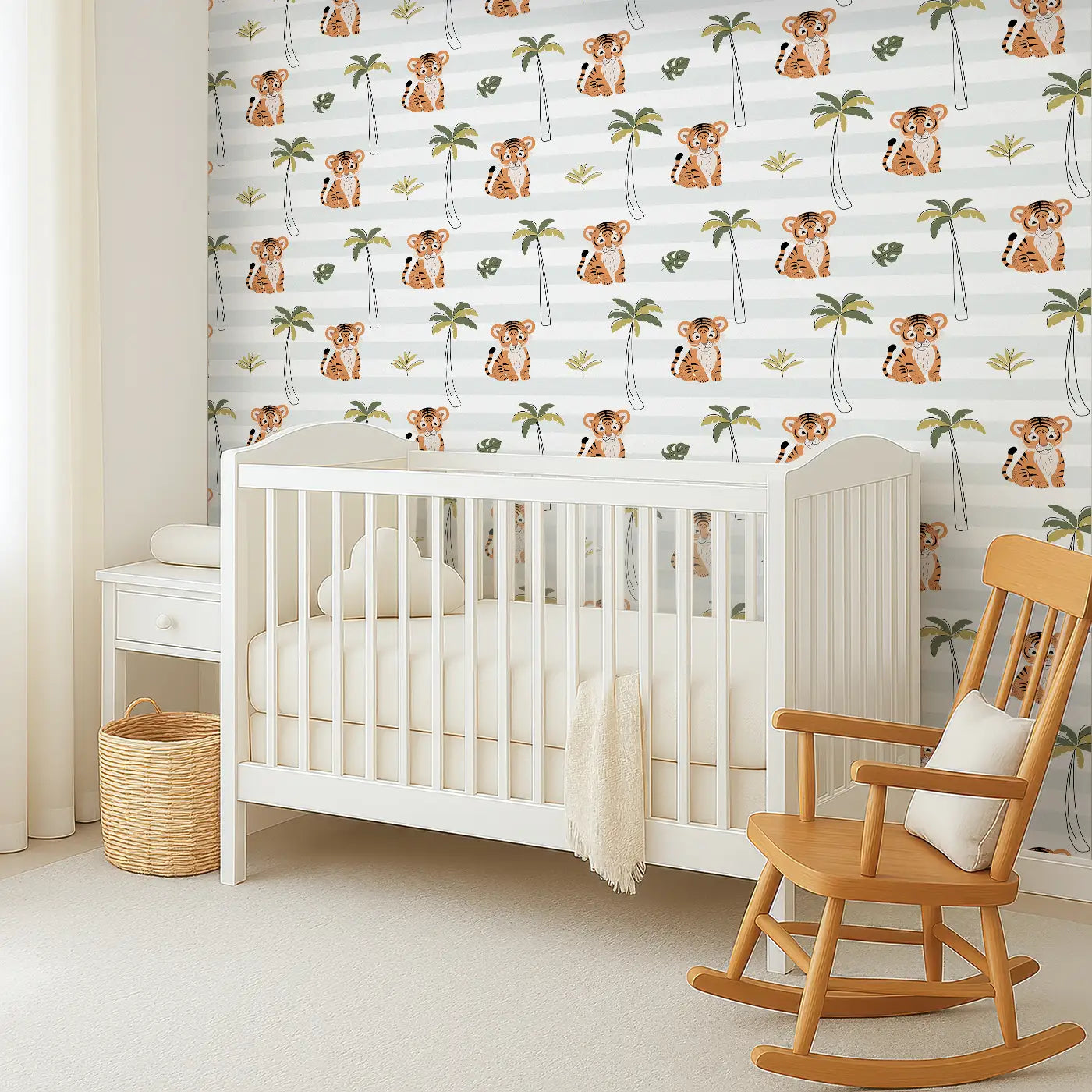Angled view of Whimsy Tots' Playful Tiger Haven Wallpaper (W0686).Adorable tiger cubs lounge and play among palms and leaves.