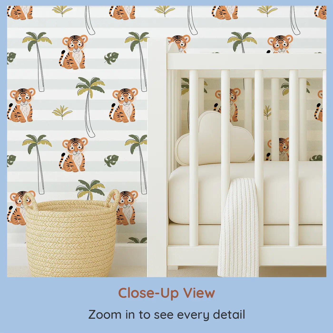 Close-up view of Whimsy Tots' Playful Tiger Haven Wallpaper (W0686).Adorable tiger cubs lounge and play among palms and leaves.
