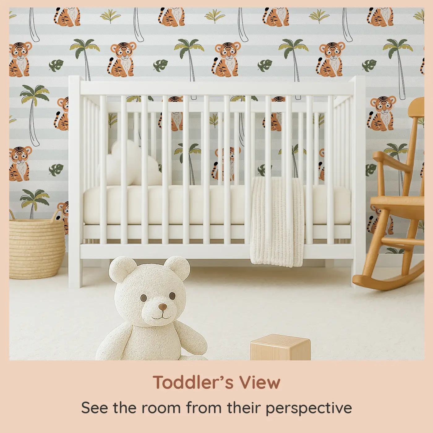 Whimsy Tots Playful Tiger Haven Wallpaper (W0686) from your child's view.Adorable tiger cubs lounge and play among palms and leaves.