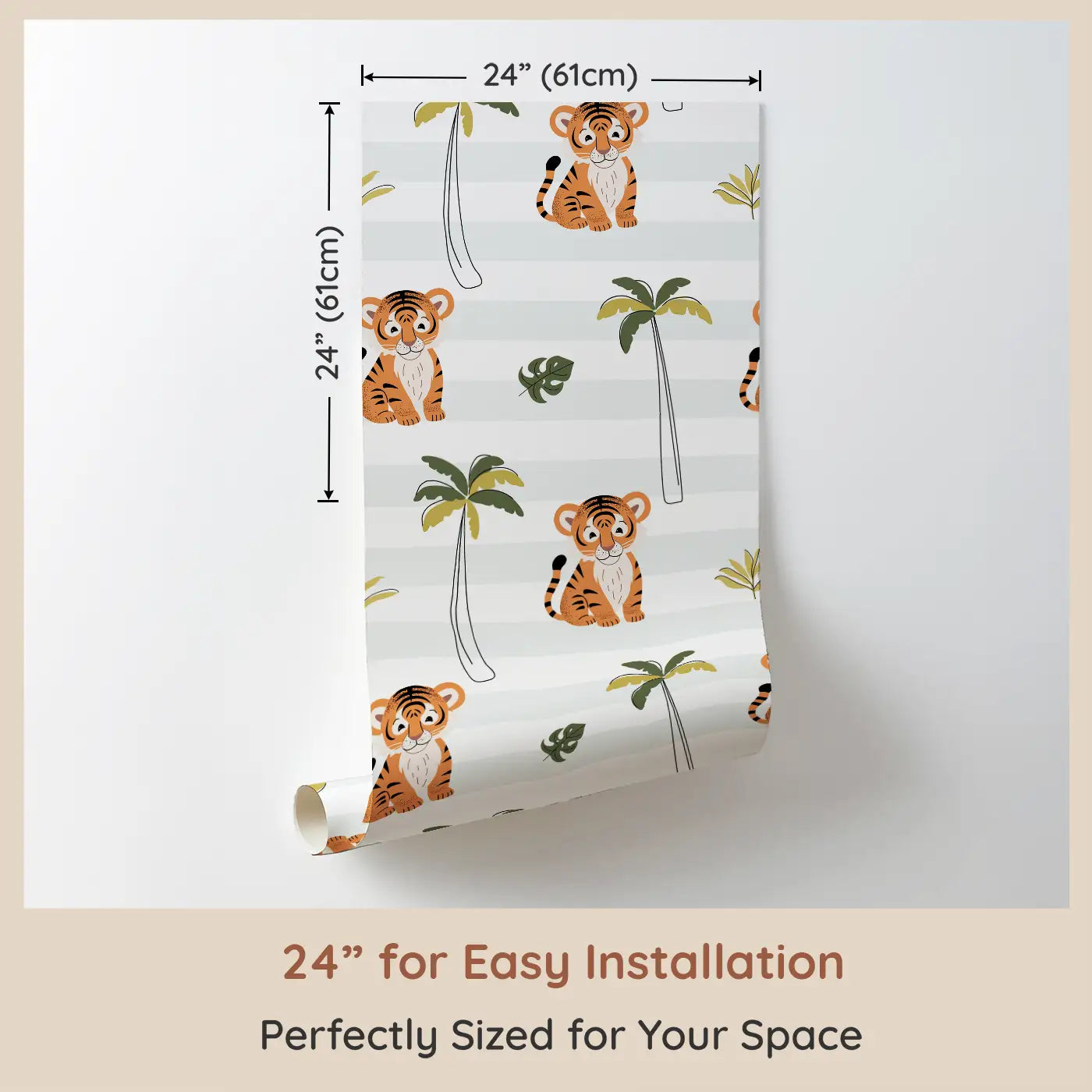 Dimension view of Whimsy Tots Playful Tiger Haven Wallpaper (W0686). Printed in 24-inch-wide panel for easy installation. Adorable tiger cubs lounge and play among palms and leaves.