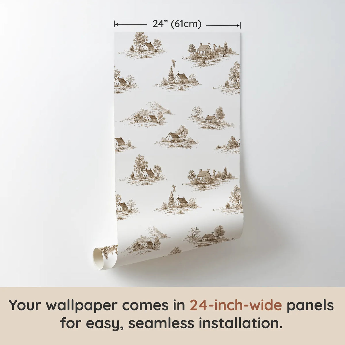 Cottage Toile Toss in Brown wallpaper panel dimensions - Whimsy Tots