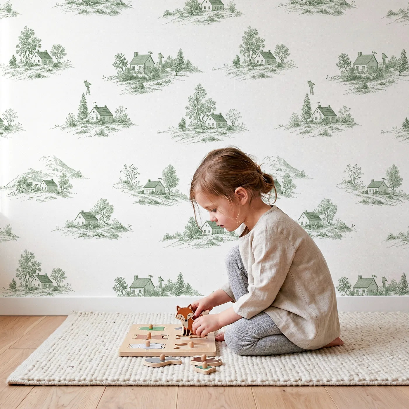 Cottage Toile Toss in Green wallpaper in a cozy kids room - Whimsy Tots