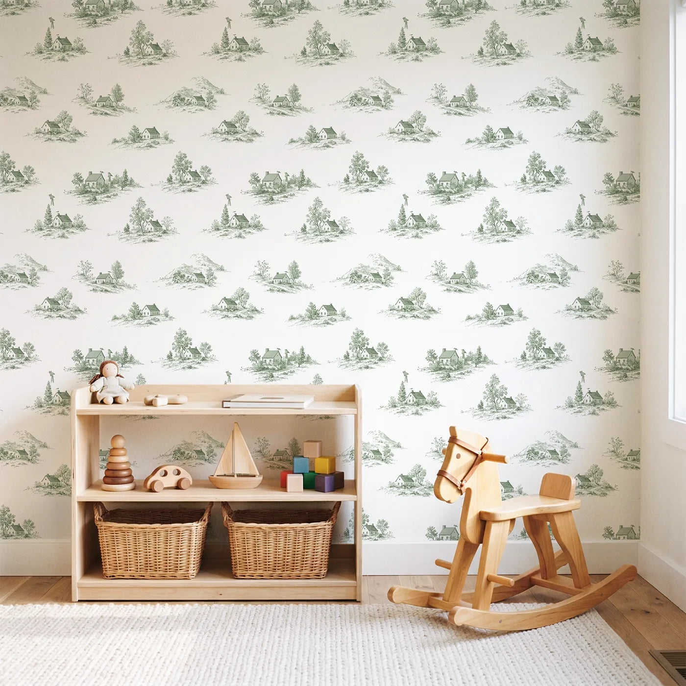 Cottage Toile Toss in Green wallpaper in a styled nursery - Whimsy Tots