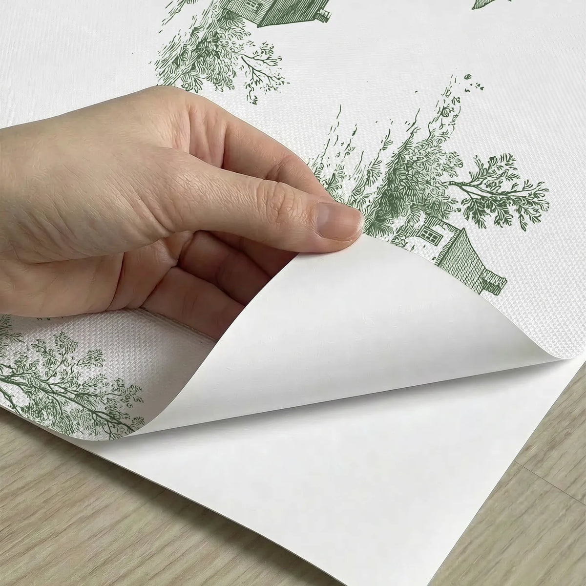 Cottage Toile Toss in Green peel and stick material close-up - Whimsy Tots