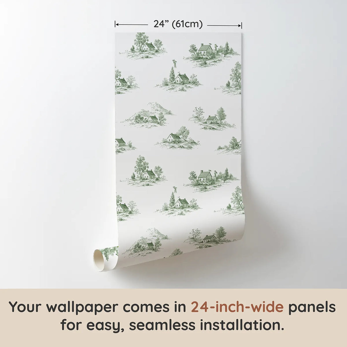 Cottage Toile Toss in Green wallpaper panel dimensions - Whimsy Tots