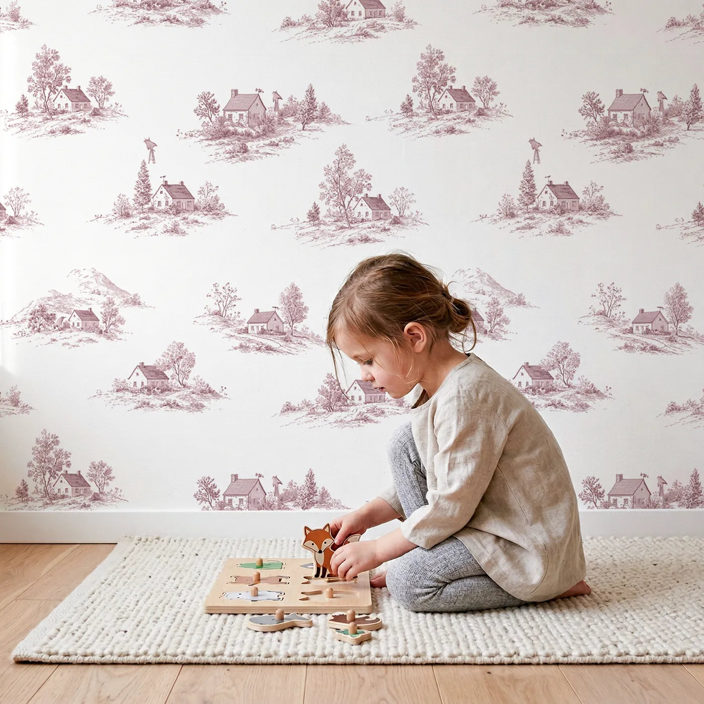 Cottage Toile Toss in Pink wallpaper in a cozy kids room - Whimsy Tots